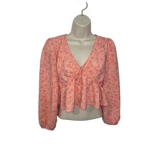 BILLA BONG Women's Size Medium Pink Floral Cropped Top Long Sleeves High Low Hem
